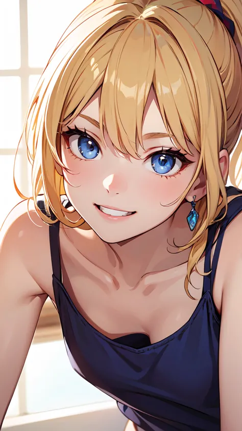 blonde perm ponytail、blue eyes、smile、cute pose。SamBulu on an oversized red tank top、Close-up of face。laughs。

anatomically correct, high detail, high image quality model, very detailed, Ultra High Definition, high image quality model, 8ＫOctane Hi-Res , 