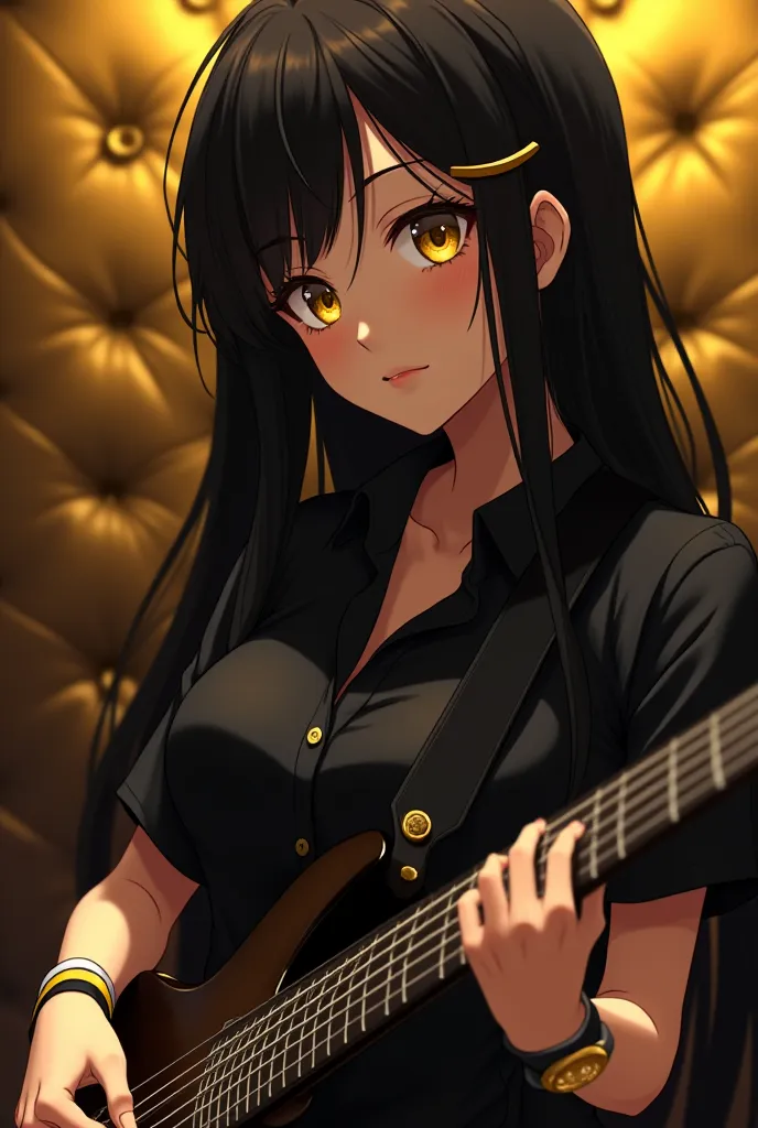 Business Woman , long black hair , See a half of body , wear a black short sleeve Button-down shirt There is a golden yellow color on the sleeves , wear a black golden watch , black Golden background , anime girl , big breasts , Show black Golden Watch , g...