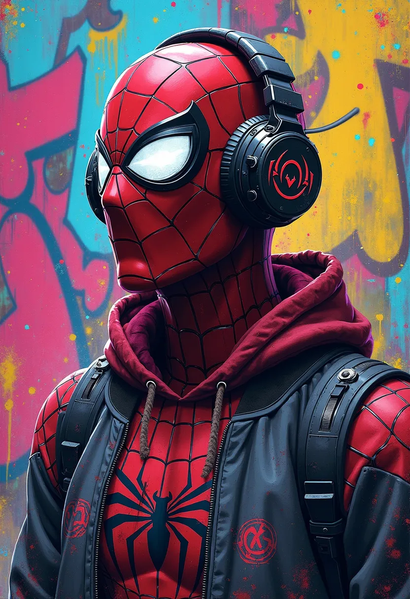 Dynamic and expressive graffiti-style digital painting of Spider-Man wearing large, futuristic headphones. The hero’s costume is detailed with (bold web patterns:1.3), reflecting a (modern urban aesthetic:1.3). The character is depicted in (vibrant comic b...