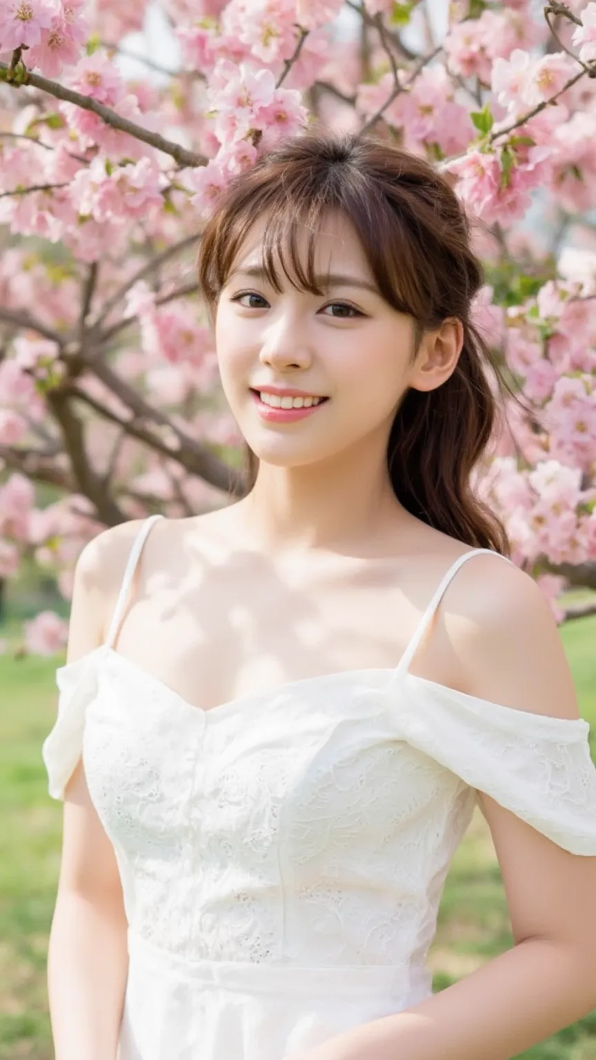 (realistic、as shown in the picture、live-action、8k, Photorealistic)、( cherry blossoms in full bloom:1.3)、(fitted off-the-shoulder white lace up dress:1.4、clothes that fit the body、Big Breasts、(( pink inner colored hair :1.1))、I can see the whole body of Jap...