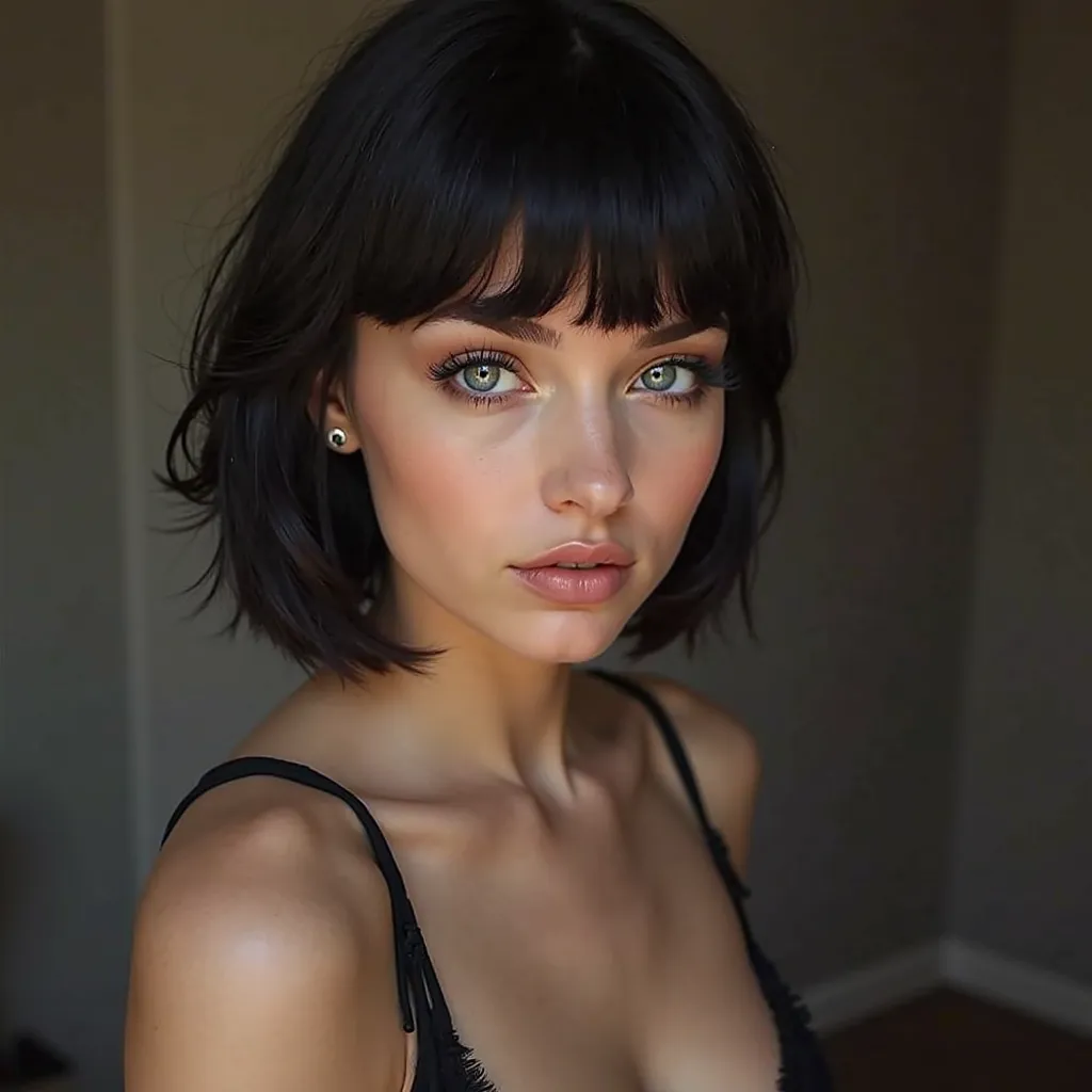 a 21 year old girl, white Swedish ethnicity living in New York, dark blue eyes,  pronounced cheekbones, natural upturned nose,  slightly thick lips , medium size breasts, LONG EYELASHES, soft leather, short straight hair at shoulder height, black hair, sid...