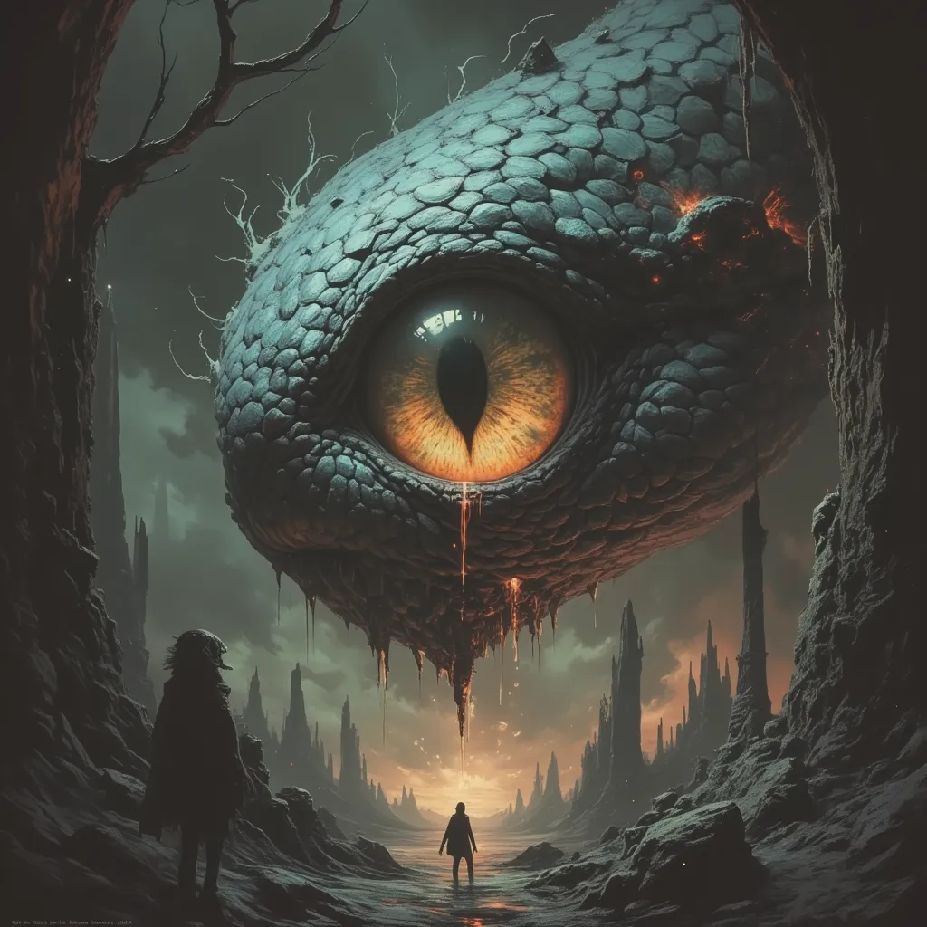 Only eye of Kai Ju size Naga in Lovecraftian novel cover style