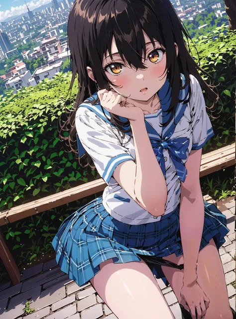 Yukina Himeragi,short hair, black hair, brown eyes, medium breasts, mad at my anal,is embarrassing,skirt, bow, school uniforms, pleated skirt, sailor suit, sailor color, blue skirt, plaid , blue bow, black high socks, is standing, bench,black string pan...