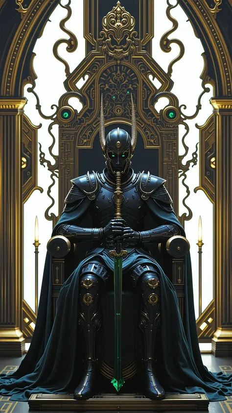 An armored figure sitting dominantly on an intricate throne like command chair aboard a ships bridge, futuristic, Low light, polished light, from behind, full body shot, wide angle, center view. Armor is a glistening black, a helmet with spiral swept back ...