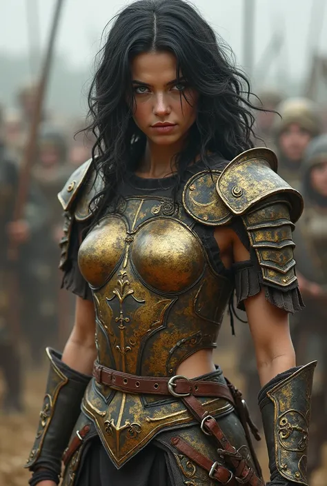 play a warrior fighting in the middle of a war,  on the battlefield, She has black hair, wavy hair, green eyes, white skin, A fierce and frightening look, her armor is gold with black details, with a gold and black belt hanging on leather straps, She wears...