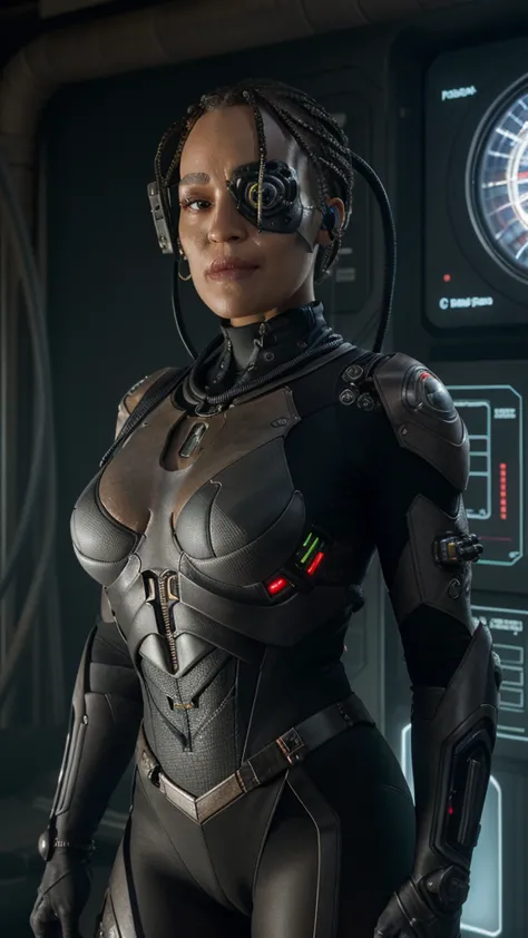 (best quality:1.2), tawny_newsome , ((full sexy body showing)), correct anatomy, correct eyes, detailed face, pretty face, zero expressions, spacesuit, cyborg, (correct drawn face)++, (black and red two-toned hair)+, half-red half-black retro wavy hairstyl...