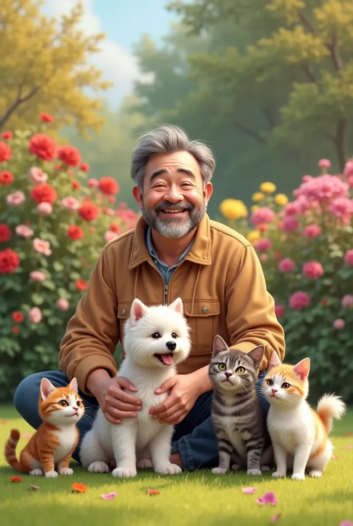 A man on a lawn surrounded by colorful flowers plays happily with his little white dog and FOUR cats