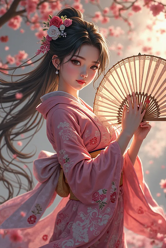 Ok now create japanese anime beautiful and sexy woman wearing kimono and holding large metal fans 