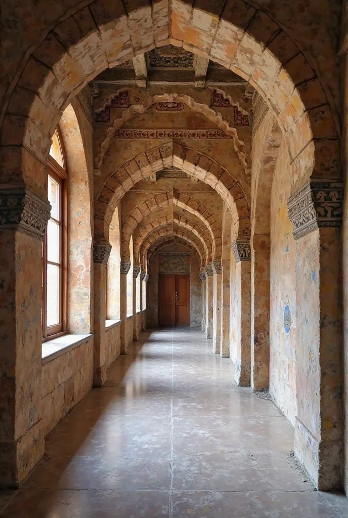 Imagine a corridor leading to classrooms with a length of 20 meters and a width of 2.5 meters. On the right, it contains the doors of the halls and on the left are windows overlooking the outside. It contains arches with Islamic Arabesque decorations. Thes...