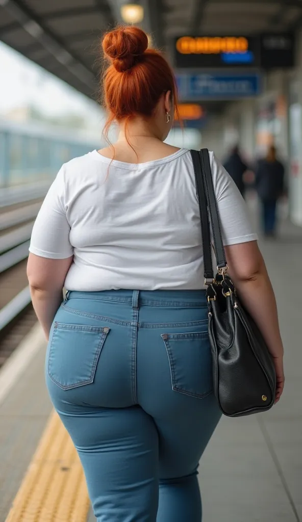 Realistic photo of a massively morbid fat obese woman from behind who goes to the train station. She is wearing a white sweaty tight top and blue pants. She has red hair tied in a bun She has a purse over her shoulder and is extremely fat and has a wide as...