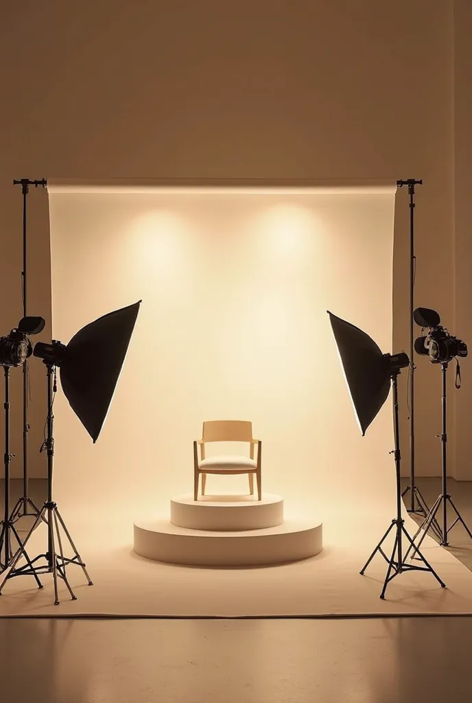 A modern and minimalist photographic studio, illuminated by a warm and soft light in a light beige tone #FFFAEB, creating a cozy and elegant atmosphere. The background is neutral and textured, with light shadows illuminated by diffused and well-distributed...