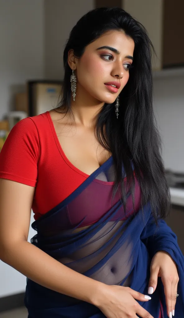 Lady Pretty like princess, Indian woman is wet, she is wearing dark blue transparent saree on a bright red blouse, navel exposed, Large U Cut cleavage exposed, tight ,she is sweating heavily while washing dishes, sweat droplets are visible on her body, red...