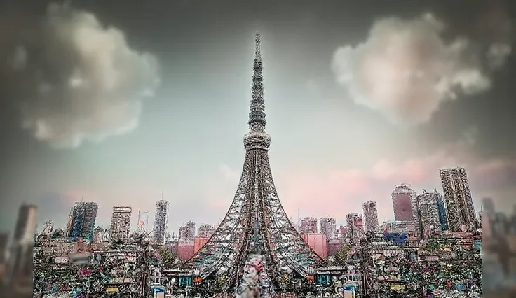 Tokyo。TokyoSkyTree。Skytree。unmanned。 no one。Vermeer。pastel colors。abstract, Impressionism, abstract絵画,Blurred, blurred background, Overlooking,  Soft Light , 