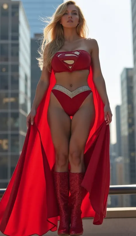 (masterpiece), realistic, blonde, slim, 7 foot tall, long hair, gigantic breasts, massive tits, round breasts, wide hips, big butt, thick thighs, superman costume, dressed as Superman, revealing costume, exposed midriff, sexy outfit, mini skirt, S symbol i...