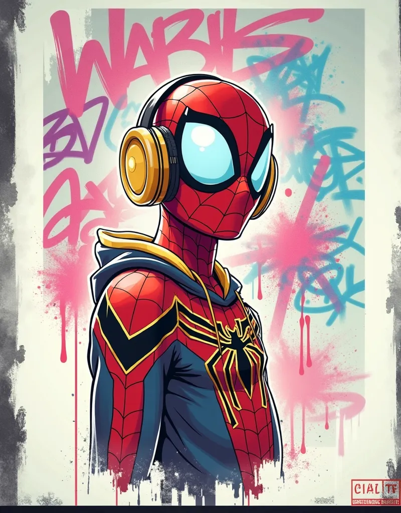 Dynamic and expressive graffiti-style digital painting of Spider-Man wearing large, futuristic headphones. The hero’s costume is detailed with (bold web patterns:1.3), reflecting a (modern urban aesthetic:1.3). The character is depicted in (vibrant comic b...