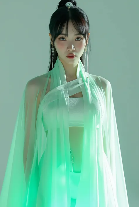 (Full Body), A luminous Korean beauty from ancient dynasties (221 BCE - 220 CE) stands majestically against a neutral background, her vibrant white-green twotone Wuxia attire radiating an otherworldly aura. David Lachapelle's lens captures the frozen momen...