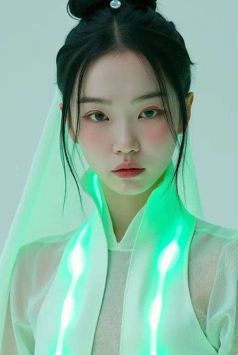 (Full Body), A luminous Korean beauty from ancient dynasties (221 BCE - 220 CE) stands majestically against a neutral background, her vibrant white-green twotone Wuxia attire radiating an otherworldly aura. David Lachapelle's lens captures the frozen momen...