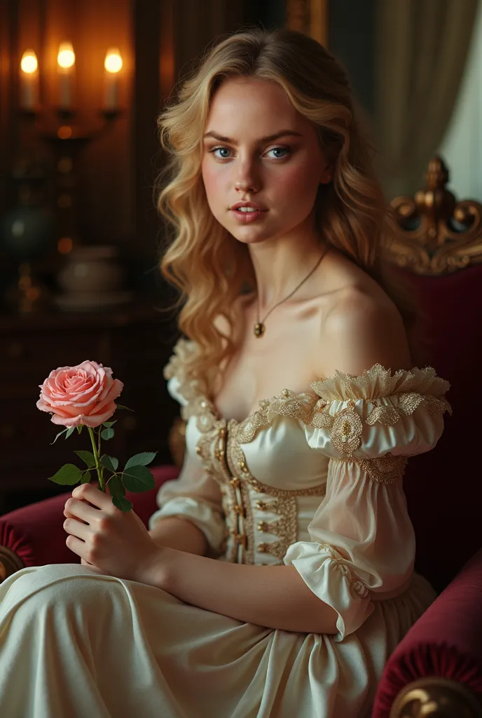 (best quality,4k,8k,highres,masterpiece:1.2),ultra-detailed,(realistic,photorealistic,photo-realistic:1.37), In the dimly lit parlor of a lavish Georgian townhouse, the young courtesan sits poised upon a plush velvet settee, her delicate form draped in the...