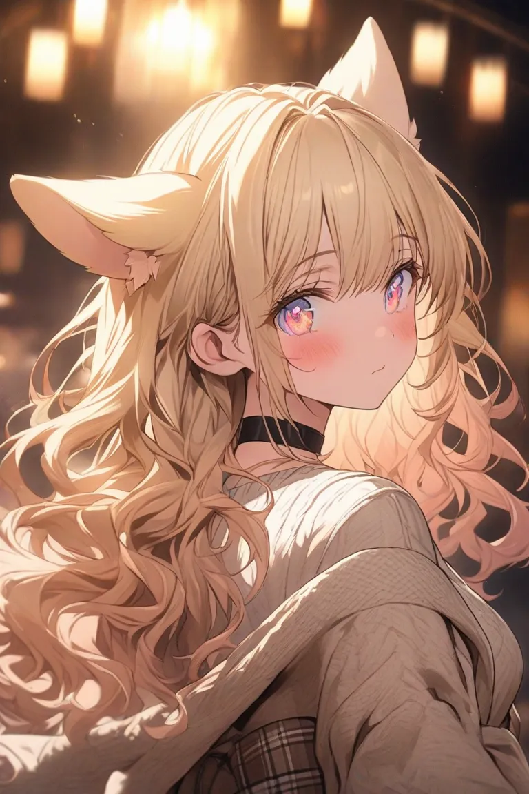 A beautifully illustrated anime-style portrait of a cute and adorable young adult girl with dog-like features. She has soft, floppy dog ears that seamlessly match the hair color beneath them—one ear a creamy blonde and the other a deep chocolate brown. She...