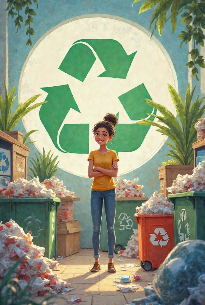 - A drawing of a person who is recycling paper and plastic, with a recycling symbol in the background.
-  is standing in front of the person smiling  (real)