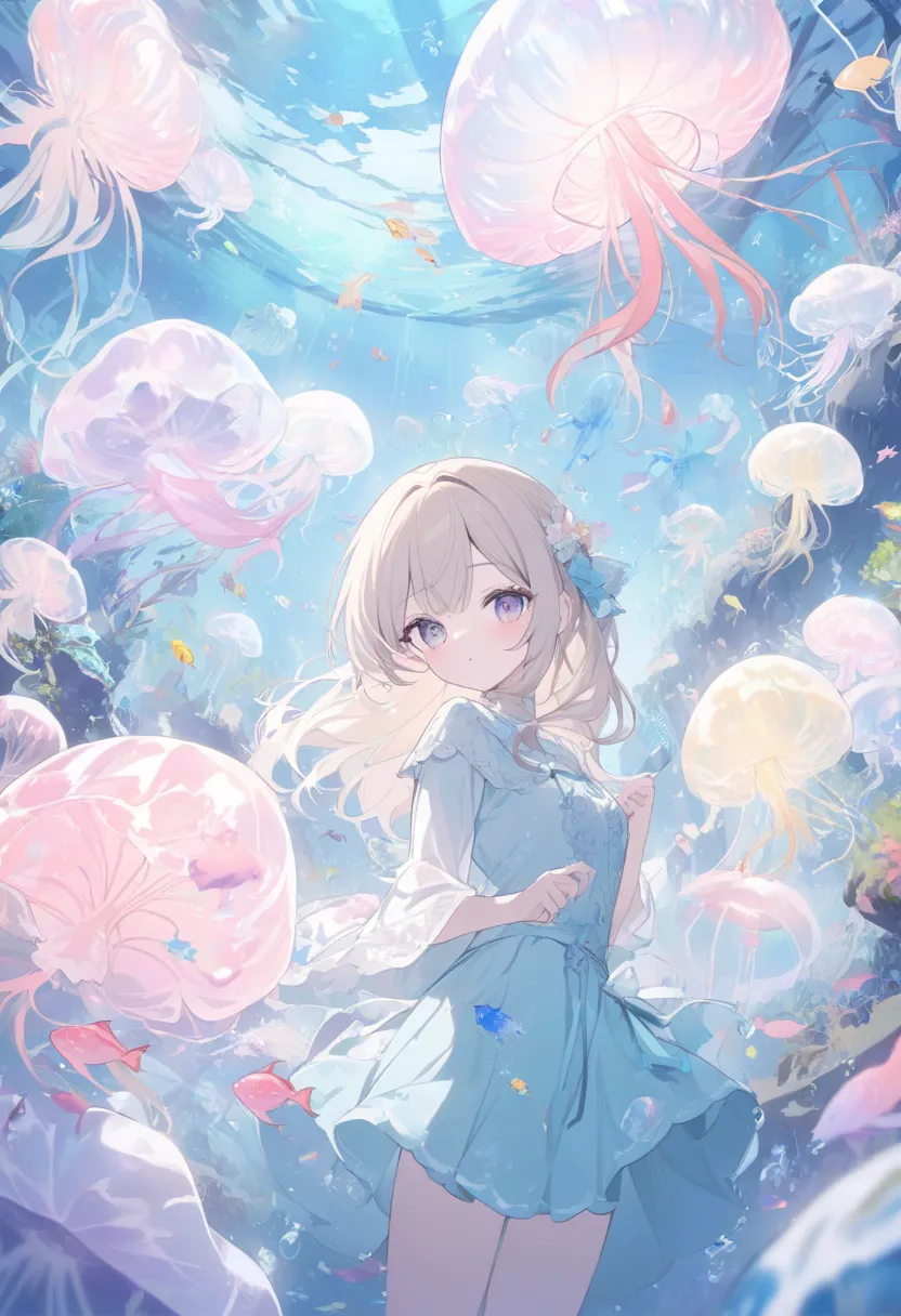 best quality, Light-haired woman , pastel colors,,  aquarium,Jellyfish