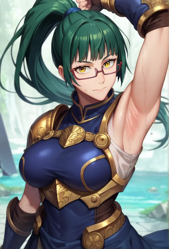 score_9, score_8_up, score_7_up, solo, 1girl, maki zenin, yellow_eyes, green_hair, long_hair, ponytail, glasses, large_breasts, armor, breastplate, gauntlets, blue_skirt, pleated_skirt, armored_dress, shoulder_armor, sleeveless, spread armpit, arm up, armp...