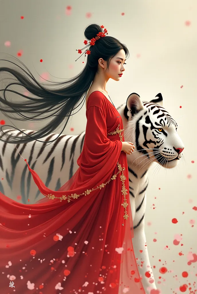 An ancient Chinese character, a woman wearing a red dress, releasing her long hair, is an elegant woman with a white tiger behind her. Cartoon image