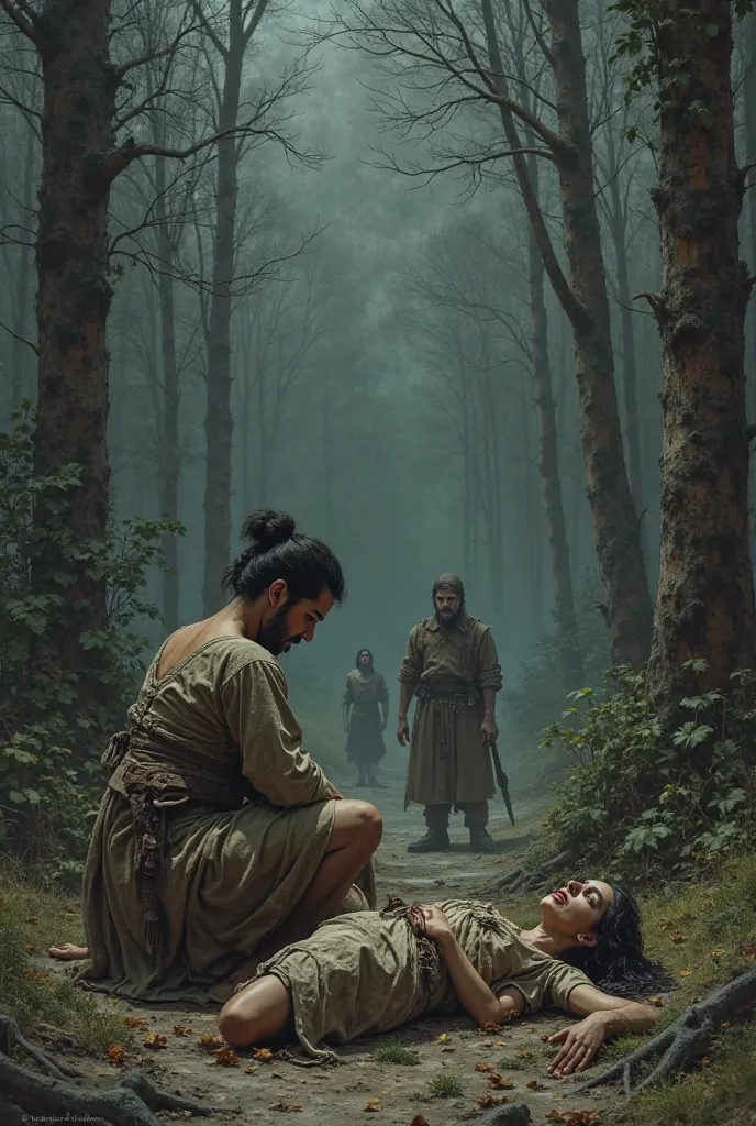 A woman crying on the ground next to her dead husband in a forest, both wearing old clothes while the killer watches them, Also wearing old clothes and a peasant also looks 