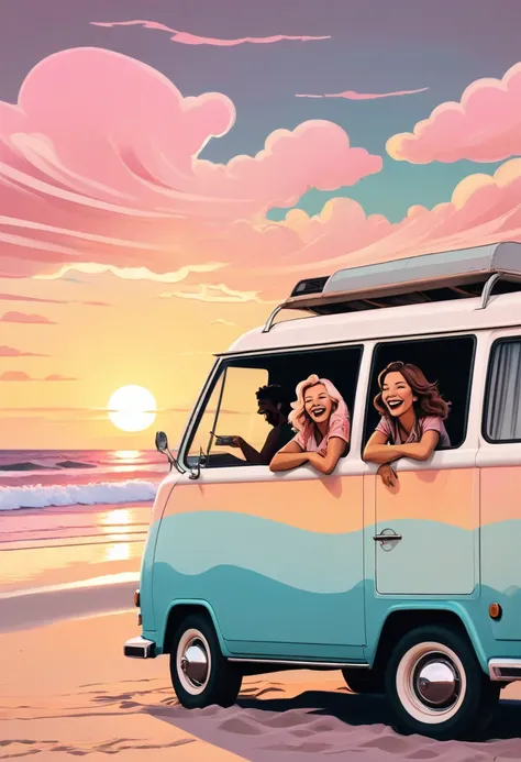 two young woman sitting on top of a camper van at the beach laughing together, nice waves at the background, and pinkish clouds in the sky, chill sunset warm colors, illustration retro surf art style