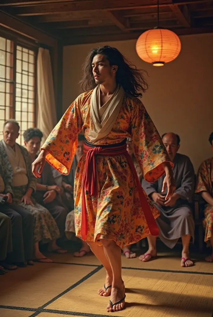 realistic photo, cinematic quality, handsome young japanese man, long hair, homosexual, in colorful short japanese robe, dancing japanese dance, ugly old japanese men looking at him, against the background of japanese room, intimate lighting