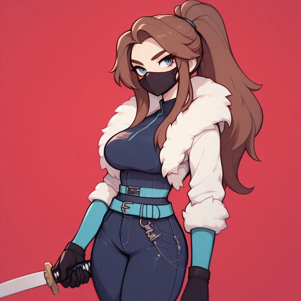  Brown-haired woman, brown hair, long locks on the sides and a long ponytail, sky blue eyes, wear a black and blue bounty hunter suit and a white fur hood, black gloves, a blue belt, black leather pants, wear a black mask, He has a katana around his waist,...