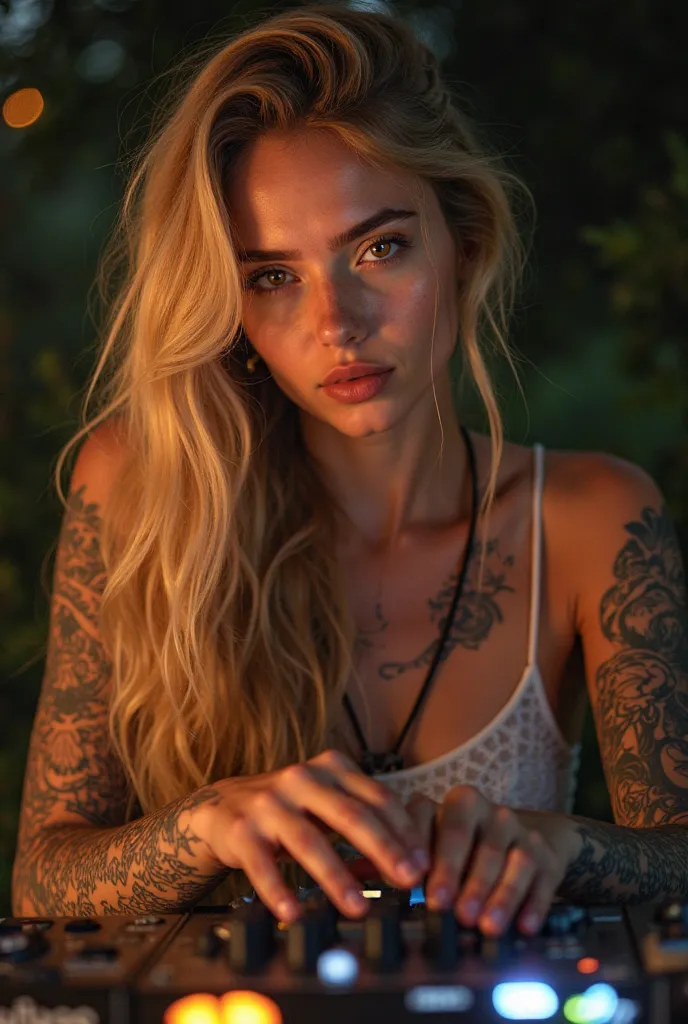 night, beautiful girl around 35 years old California woman, amber eyes, LONG BLOND braided hair, tattoos using a DJ Pioneer DJ, mixing music with a smile, epic character composition, sharp focus, French Estate in the background, natural lighting, subsurfac...