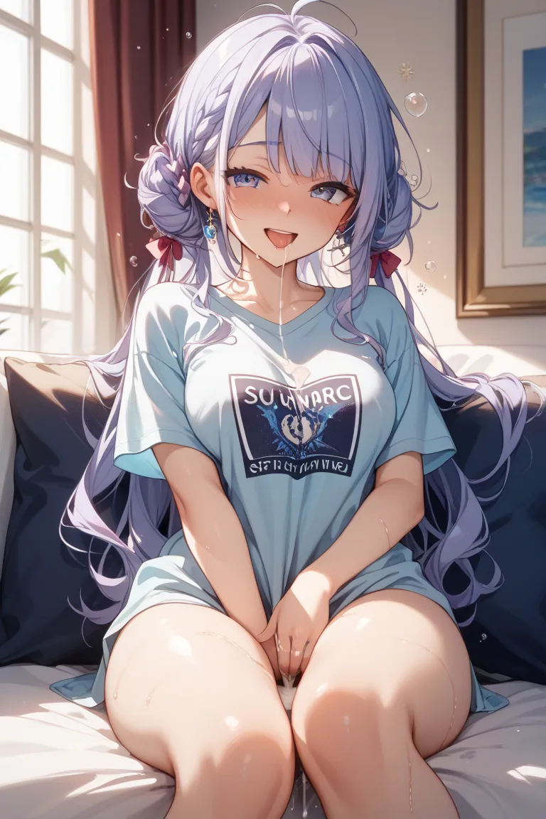 Light blue and purple hair 、a beautiful woman with big eyes、 is elegant、 clear、Young lady、is shy、is opening its mouth、smile、Inner thighs、covered with semen、 sexy、Estrus、orgasm、looks like fun、Drunk、sweaty、oversized t-shirt、masturbates