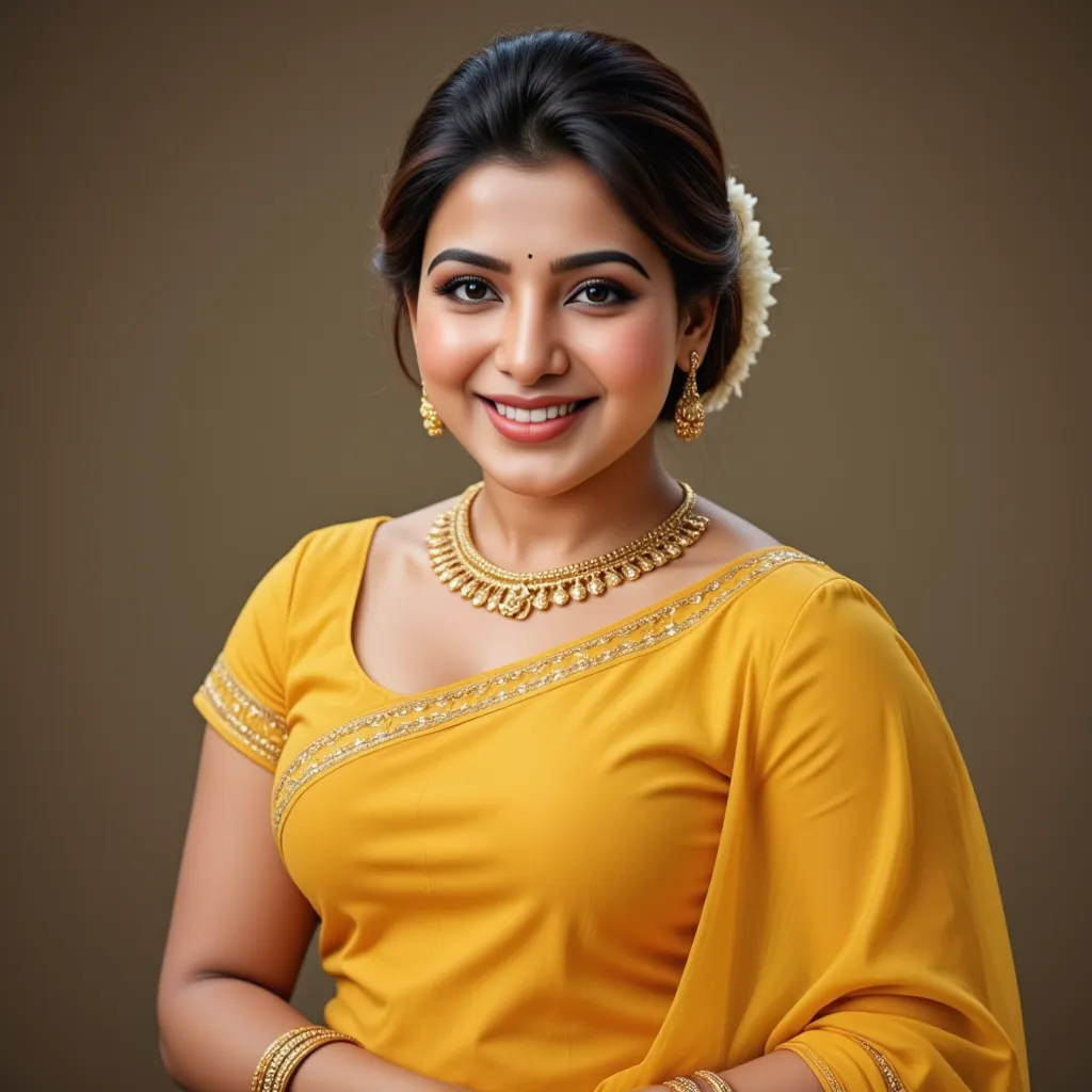 A beautiful, digitally painted portrait of a woman in traditional South Asian attire, wearing a vibrant yellow saree with gold embellishments, detailed jewelry, and a radiant smile,  exhibiting a rich color palette and smooth, realistic textures, reminisce...