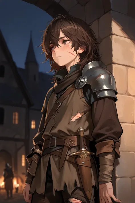 (masterpiece, high quality), one character, masculine, handsome, posing again a wall, young male, 18 yo, fair skin, freckles, dark brown hair, messy long ish hair, dark brown eyes, medieval setting, wearing rogue outfit, detailed out fit, shoulder plate, p...