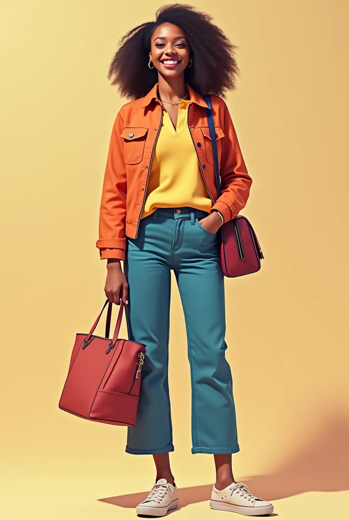  Image of a woman, in full body, happy, Carrying a shoulder bag,  e uma handbag