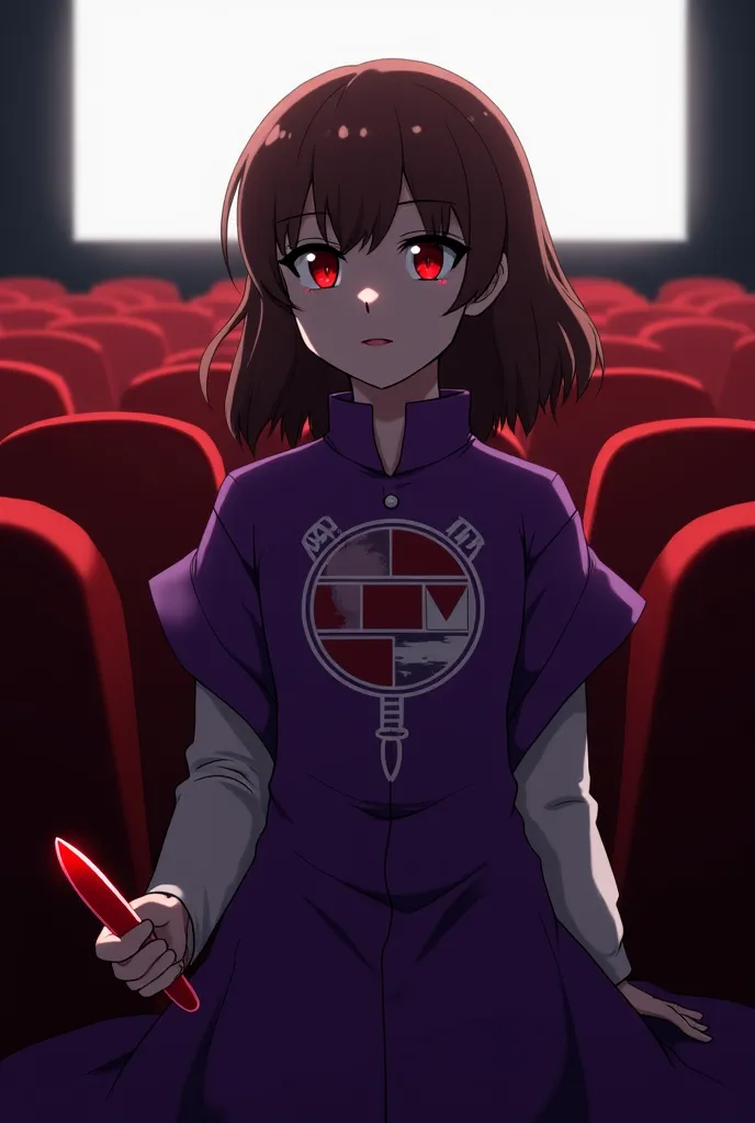 girl with red eyes,medium length brown hair with side bangs, a long purple robe with white sleeves and half an image on the chest showing an orb that has a wing next to it. At the bottom there is a triangle lying at the top, While in the center is half of ...