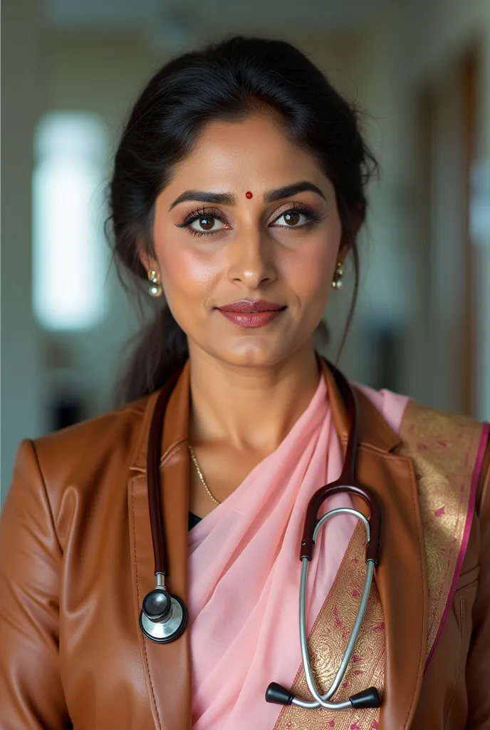 Indian female milf doctor looking like Jayaprada, wearing brown stethoscope around her neck, wearing a brown leather blazer over a light pink saree, dark brown hair tied up in a tight low bun