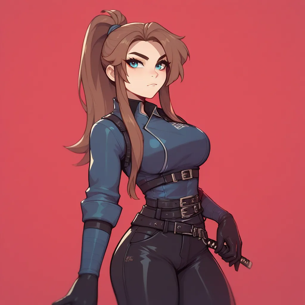  Brown-haired woman, brown hair, long locks on the sides and a long ponytail, sky blue eyes, He wears a blue bounty hunter suit and a white fur hood, black gloves, a black belt,  black leather pants, wear a black mask, He has a katana around his waist, loo...