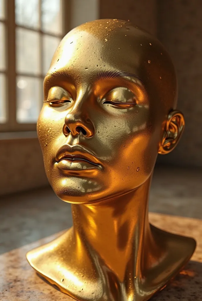 A hyper-realistic golden metal sculpture of a feminine face, with smooth and elegant features, reflecting light and shadows in a dramatic way. The sculpture has highly detailed metallic textures, with small imperfections and manufacturing marks that enhanc...