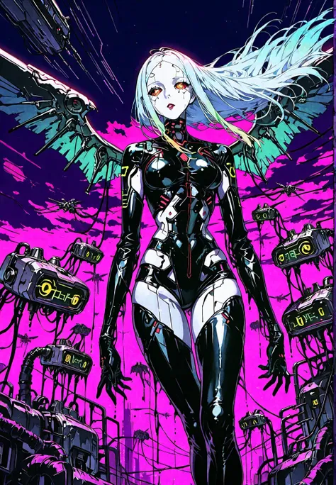 front view: Angel girl, white skin, wings , latex costume, fluids,  robotic circuits , breasts, devices futuristic, lagrimas, ((flying in the sky)), circuits, . Background: cyberpunk city. dark atmosphere.