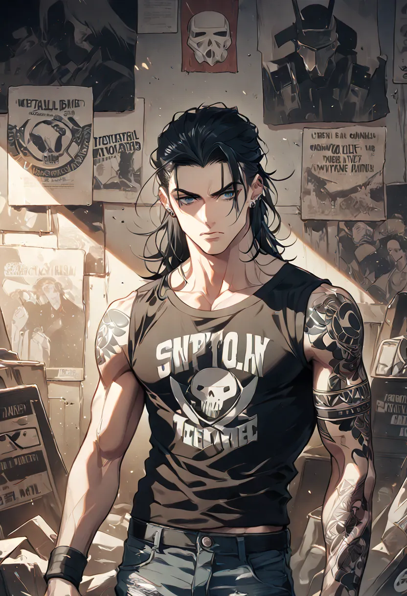 young adult male. Body: tattoos, fair skin, muscular, tall, strong, stocky. Face: clean-shaven, strong, angular, intimidating. Long black hair. Dark blue eyes. Clothing: black band shirt, ripped jeans. Details: metalhead, piercings, accessories, black pain...