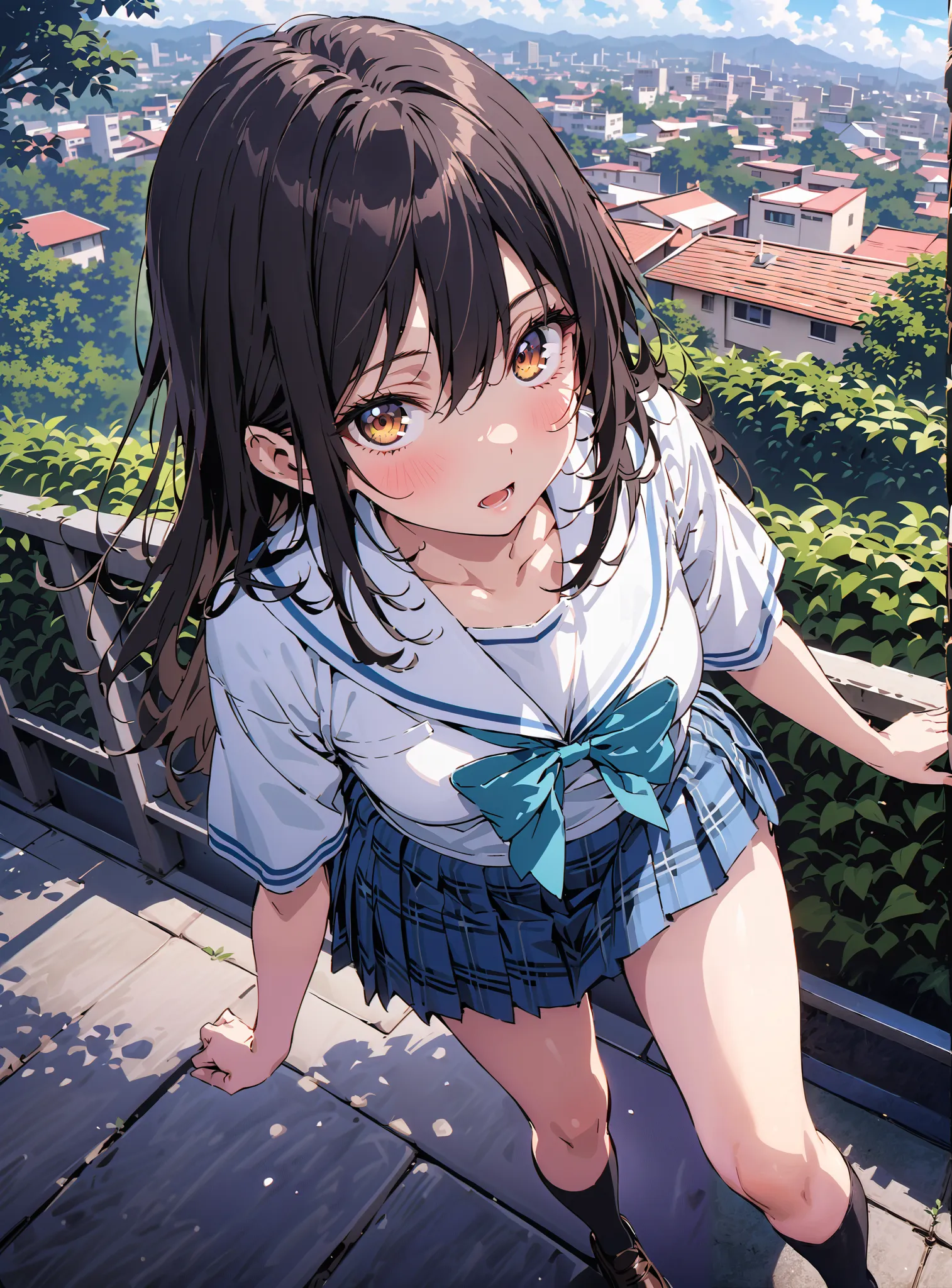 Yukina Himeragi,short hair,   black hair, brown eyes, medium chest, mad at my anal,is embarrassing,skirt, bow, school uniforms, pleated skirt, sailor suit, sailor color, blue skirt,  plaid , blue bow, black high socks, is standing, bench,black string panti...