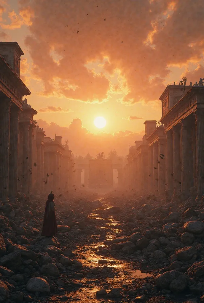 "A final somber view of Troy at dawn, the smoldering remains of the great city, ancient era, broken statues and charred walls, a lonely figure standing in the rubble, the sun barely breaking through the clouds, wide-angle shot capturing the tragic aftermat...