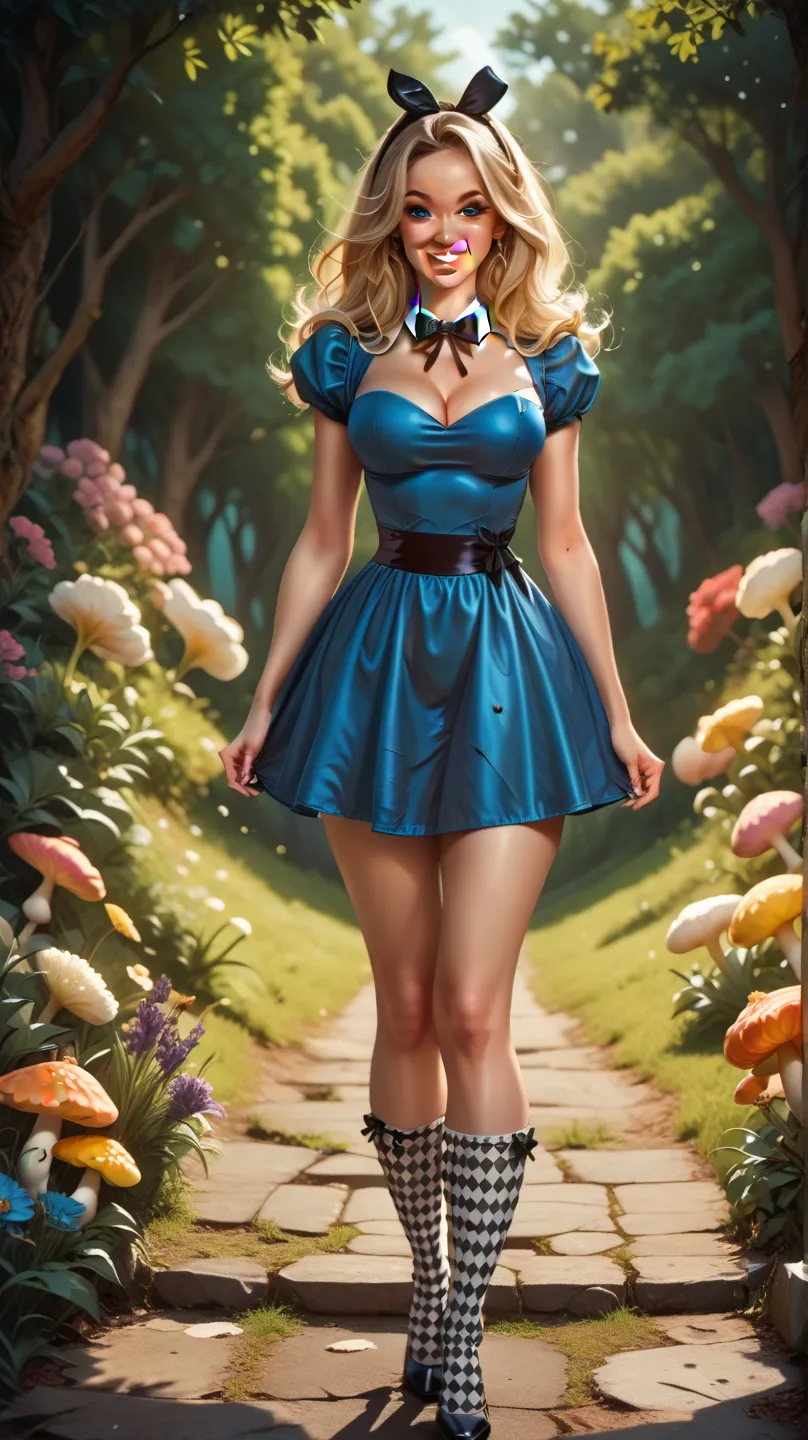 
"Full body image of Alice, of wonderland, in a sexy and seductive version,  but elegant . She has large breasts and a silhouette Vilínea, wearing a short and tight blue dress, inspired by her classic outfit, but with a large neckline that accentuates your...