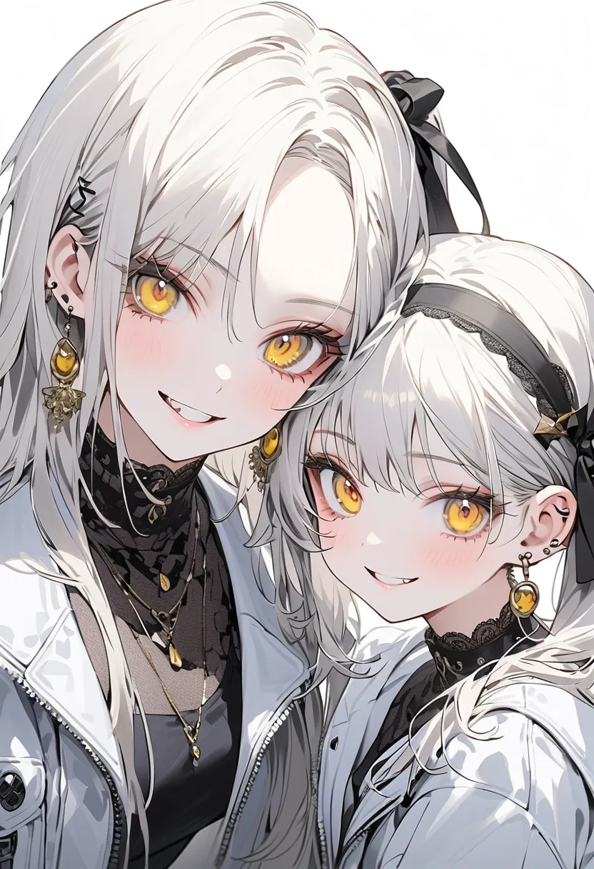 simple background,  half up、White Jacketを着た女1人、{  white skin}, ((Beautiful long white hair )),  black hair band、black high neck inner、lots of earrings、expressive  ,(( yellow eyes)). (( stylish,   simple clothes , White Jacket)), This scene depicts how conf...