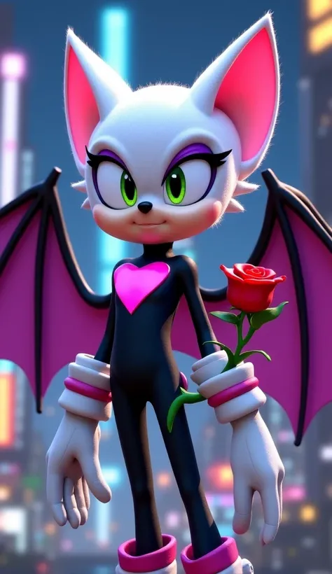 A highly detailed and accurate digital painting of Rouge the Bat from the Sonic series. She is an anthropomorphic bat with white fur, large pointy ears, and a stylish, confident expression. Her eyes are green with purple eyeshadow, and she has a small blac...