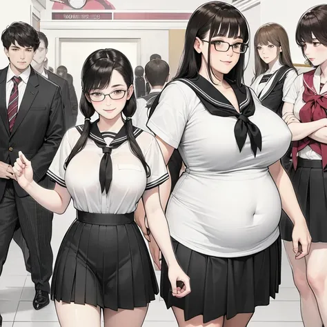 Chubby girl in school wearing sailor girl uniform, looking away really embarrassed, chubby thighs belly poking through clothes, tits hiding behind shirt, sweet face, pigtails, smiling, glasses ((SFW))