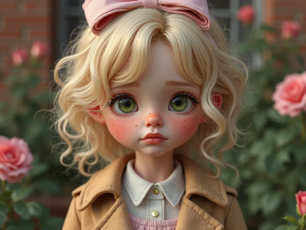 a young,  is a freckled, fair-skinned woman with blonde, curly hair and large, expressive GREEN eyes. WITH A BANG IN HAIR FALLING ON HIS FOREHEAD, She has a slightly melancholic expression, with downturned lips. A light pink bow adorns her hair. She is wea...