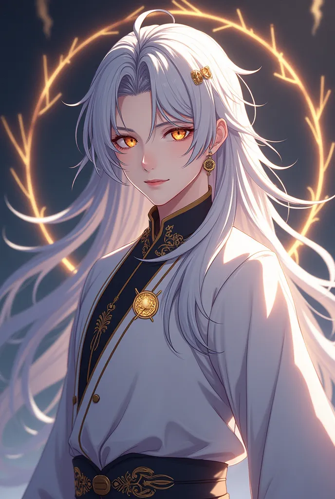 Full body image, handsome  protagonist xianxia,long silver hair, accessories like mini claw on hair,handsome face((mature on range 20-25 yo))golden amber eyes ((make eyes like realityl)),calm and  cool aura ,at back head is god circle with immortal rune((t...